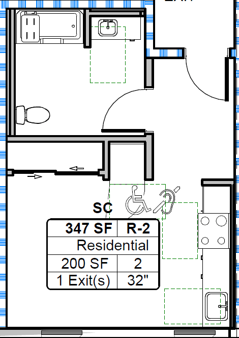 A floor plan of a residential area with a wheelchair symbol and measurements.