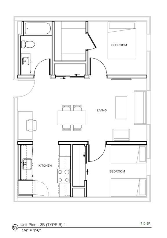 A floor plan of a 2B type B 1 unit plan, which is 713.9 square feet in size.