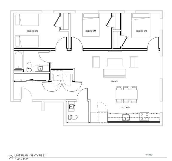 A black and white image of a floor plan for a 3 bedroom apartment.
