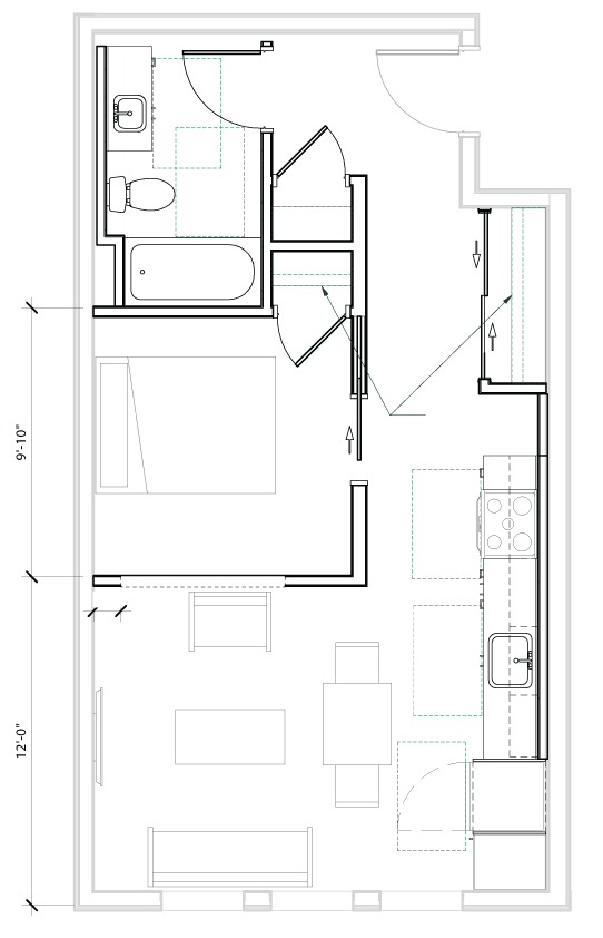 A floor plan of a house with a kitchen, living room, and bathrooms.