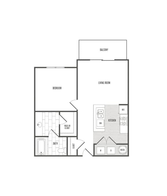 A floor plan of a house with a bedroom, living room, kitchen, and bathroom.