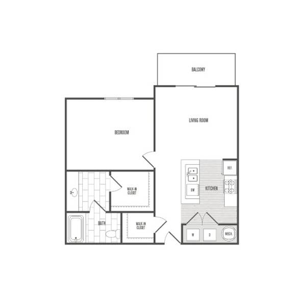 A black and white image of a house floor plan with a balcony, living room, bedroom, bathroom, kitchen, and a valley in the gullet.