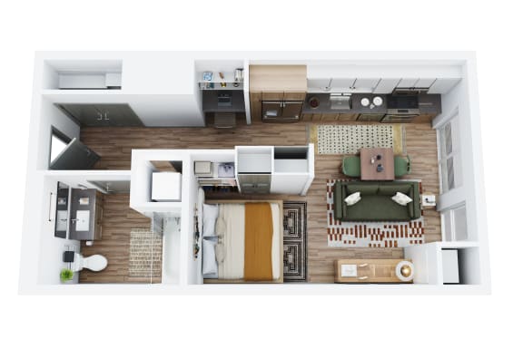 a stylized floor plan with a bedroom and a living room