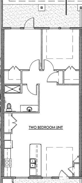 A floor plan of a two bedroom unit with a living room, kitchen, and bathroom.