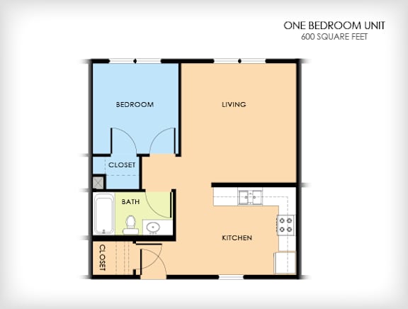 A floor plan of a one bedroom unit that is 600 square feet.