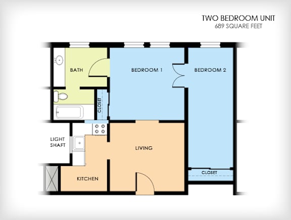 A floor plan of a two bedroom unit with a living area, kitchen, and bath.