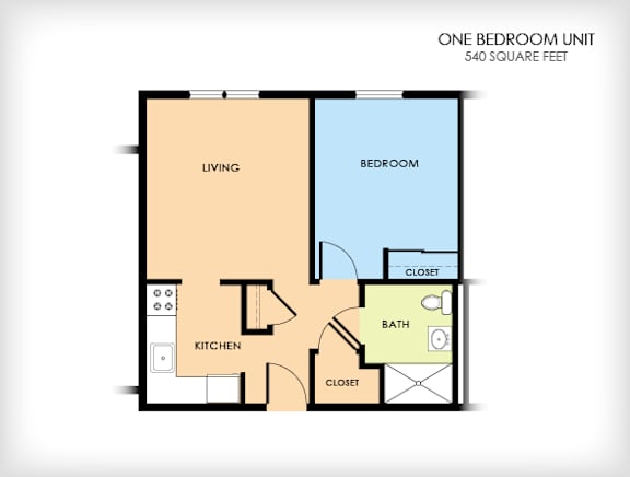 A floor plan of a one bedroom unit that is 540 square feet.