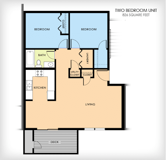 A floor plan of a two bedroom unit, 826 square feet in size.