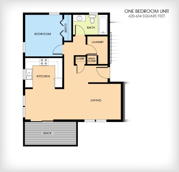 A floor plan of a one bedroom unit with a laundry room and closet.