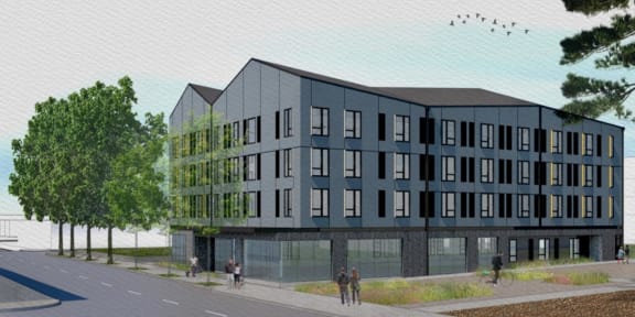 a rendering of a three story building on a city street