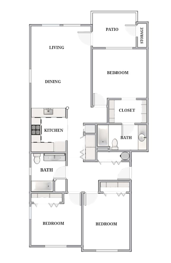 A floor plan of a house with a kitchen, living room, dining room, two bedrooms, a bathroom, a closet, and a storage area.