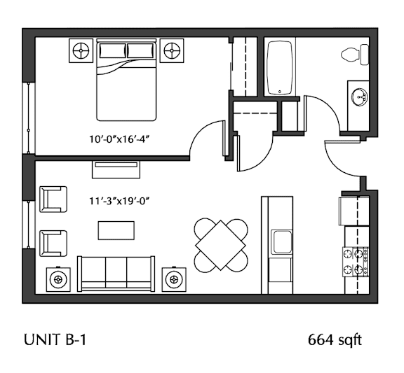 A floor plan of a 664 sqft apartment named Unit B-1.