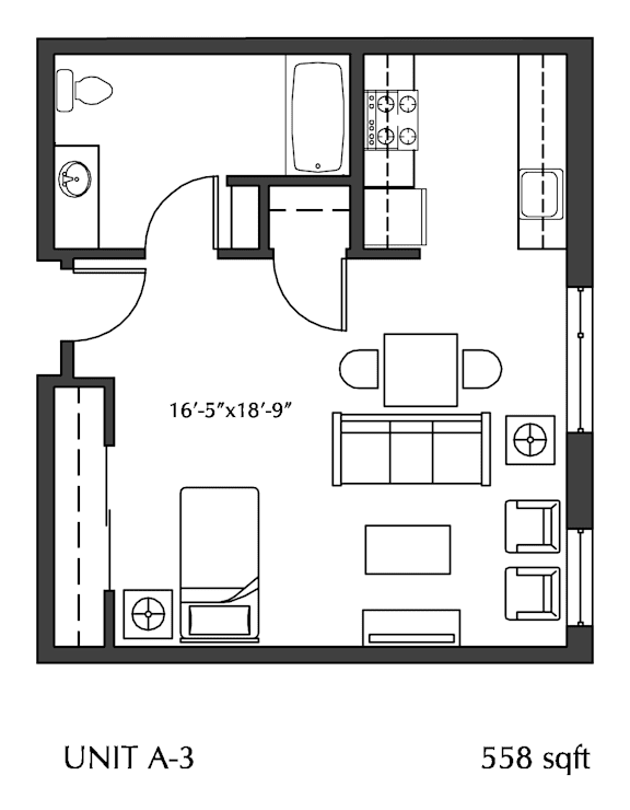 A black and white image of a floor plan for a 558 sq ft unit.