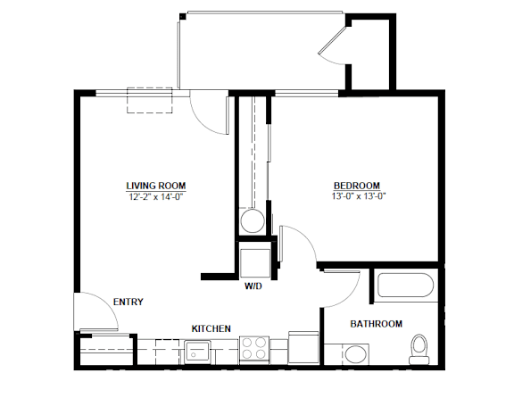 A floor plan of a small apartment with a living room, bedroom, kitchen, and bathroom.