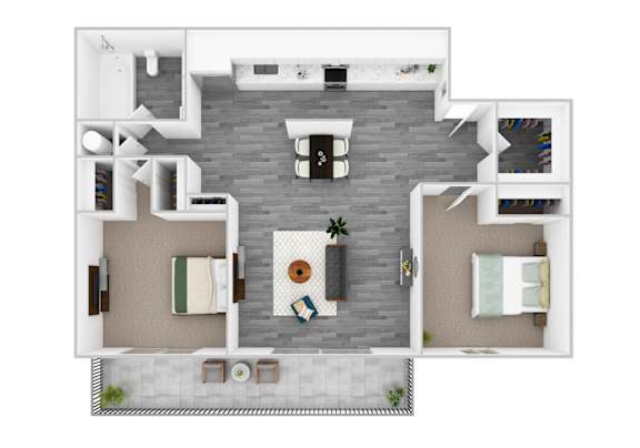 A top down view of a modern apartment with a living room, dining area, kitchen, and two bedrooms.
