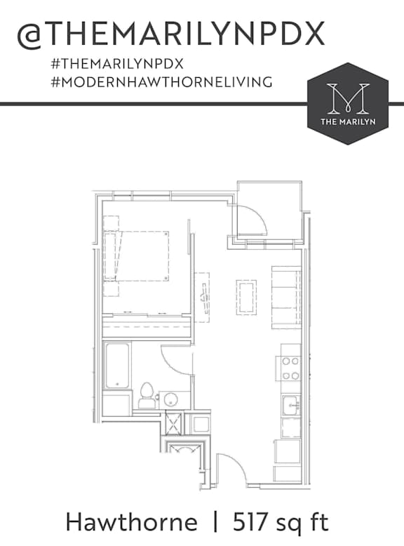 A floor plan of a 517 sq ft Hawthorne apartment.