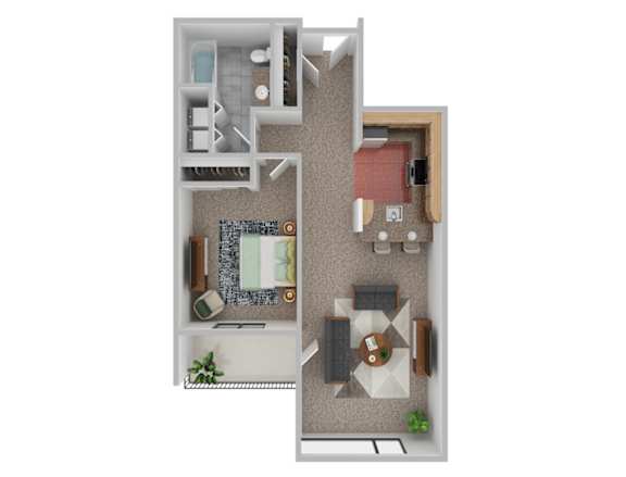 A 3D floor plan of a small apartment with a kitchen, living room, and bathroom.