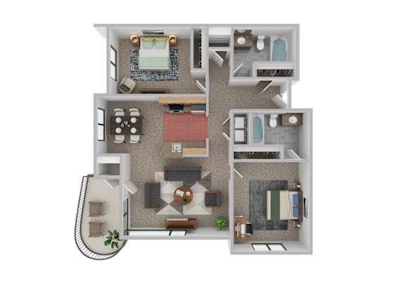 A 3D floor plan of a house with a living room, kitchen, dining room, and bedrooms.