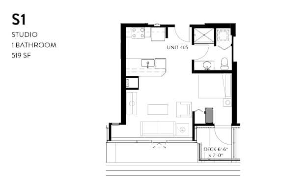 A floor plan of a studio apartment with a bathroom and a kitchen.