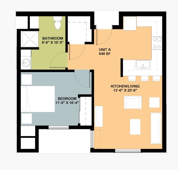 A floor plan of a small apartment with a bathroom, bedroom, and kitchen/living room.