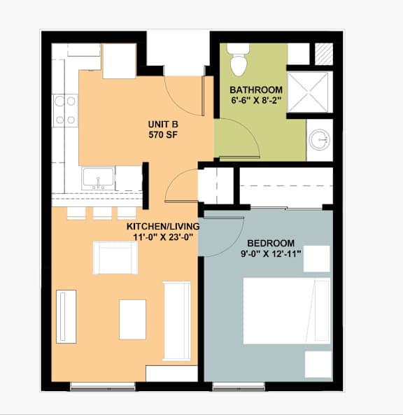 A floor plan of a unit with a bathroom, kitchen/living area, and bedroom.