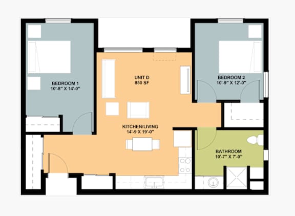 A floor plan of a house with four labeled rooms.