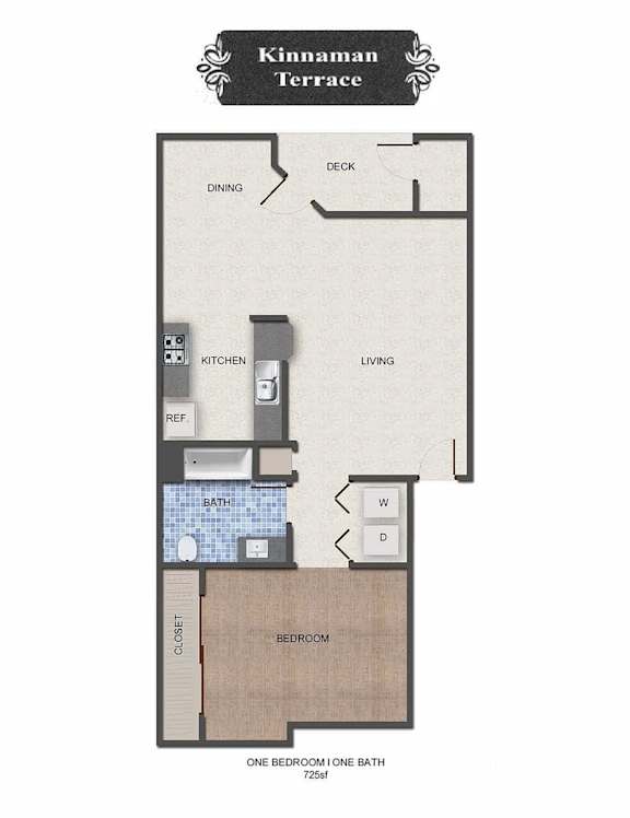 A floor plan of a one bedroom apartment with a bathroom and a kitchen.
