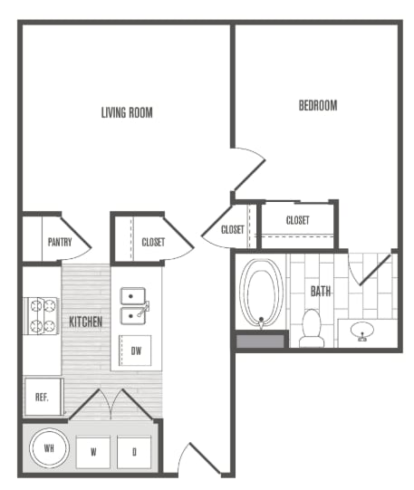 A floor plan of a home showing a living room, kitchen, and bedroom.