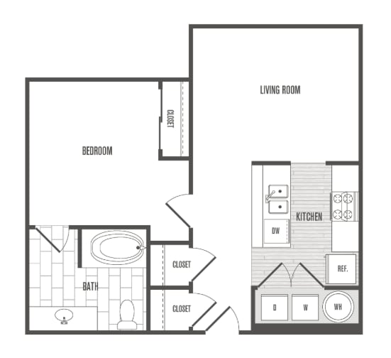 A floor plan of a home with a bedroom, bathroom, kitchen, and living room.