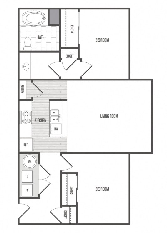 A floor plan of a house with a living room, two bedrooms, a bathroom, a kitchen, a dining room, and a garage.