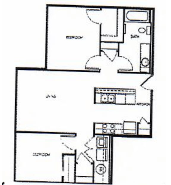 A floor plan of a house with a kitchen, living room, and two bedrooms.
