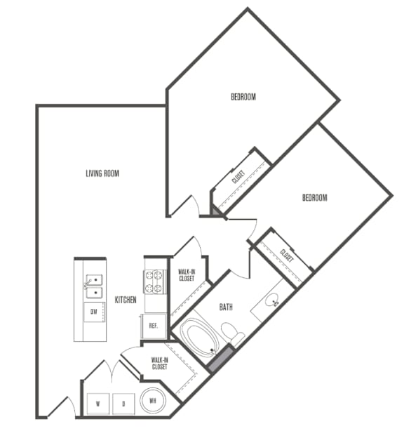 A floor plan of a home with a living room, kitchen, bathroom, and three bedrooms.