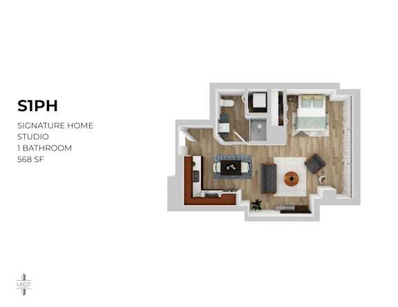 A floor plan of a one bedroom apartment with a studio space and a bathroom.