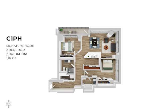 A floor plan of a 1,168 square foot home with two bedrooms and two bathrooms.