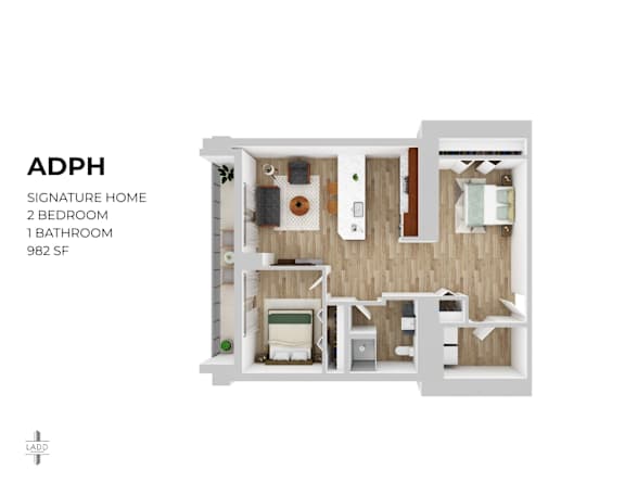 A floor plan of a 2 bedroom, 1 bathroom home.