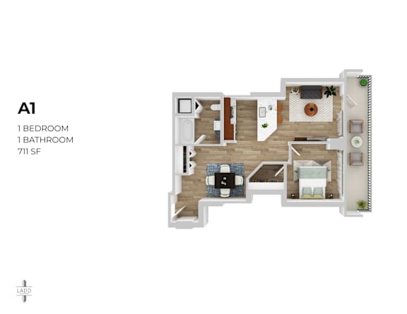 A 1 bedroom 1 bathroom 711 square foot apartment.