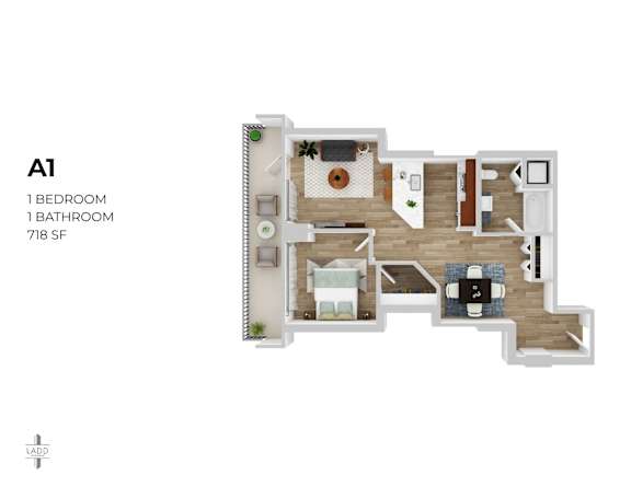 A 1 bedroom, 1 bathroom apartment with 718 square feet.
