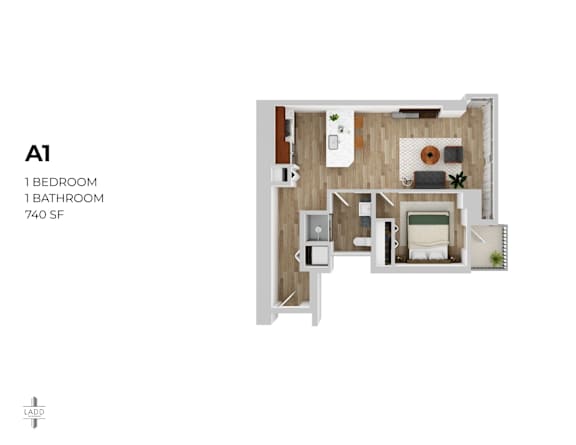A 1 bedroom apartment with 1 bathroom and 740 square feet.