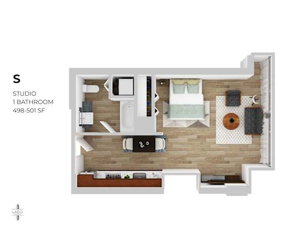 A floor plan of a studio apartment with a bathroom and a kitchen.