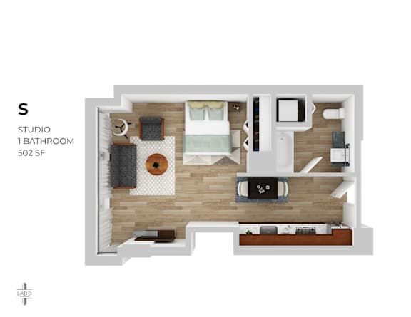 A floor plan of a studio apartment with a bathroom and a living room.