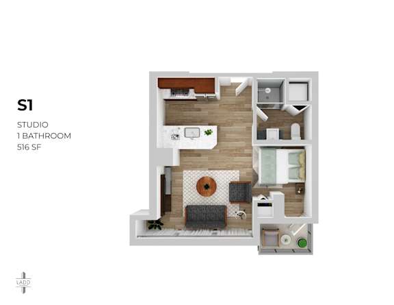 A floor plan of a studio apartment with one bathroom and 516 square feet.