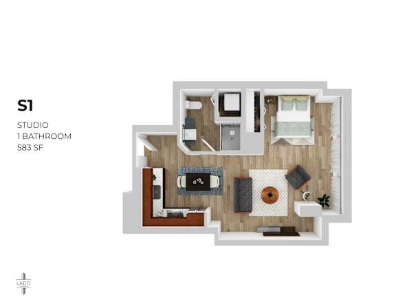 A floor plan of a studio apartment with a bathroom and a living room.