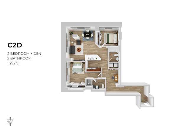 A floor plan of a C2D apartment with 2 bedrooms, a den, and 2 bathrooms.