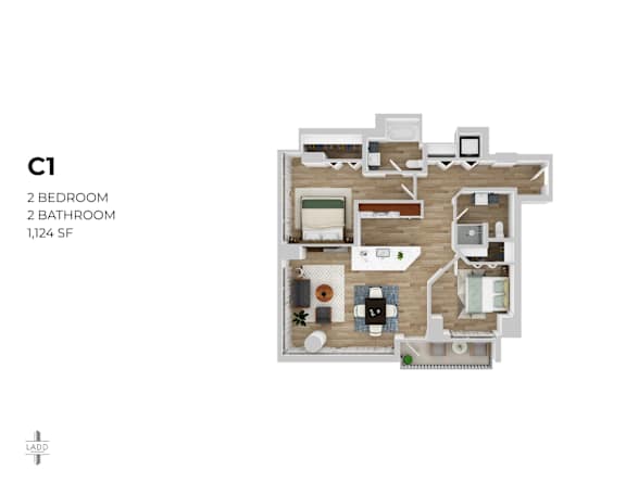 A floor plan of apartment C1 with 2 bedrooms and 2 bathrooms.