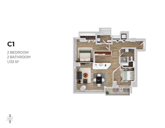 A floor plan of a C1 apartment with 2 bedrooms and 2 bathrooms.