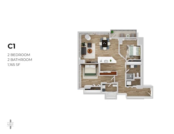 A floor plan of a C1 apartment with 2 bedrooms and 2 bathrooms.