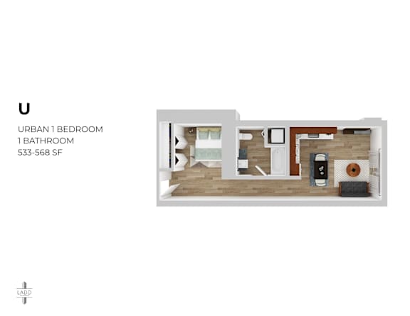 A floor plan of a one bedroom apartment with one bathroom.