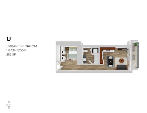 A floor plan of a one bedroom apartment with a bathroom.