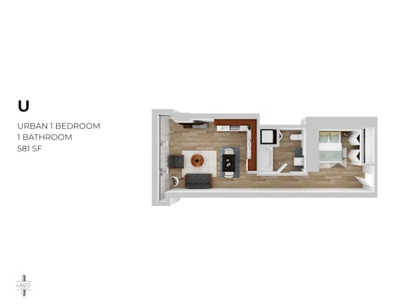 A floor plan of a one bedroom, one bathroom apartment.