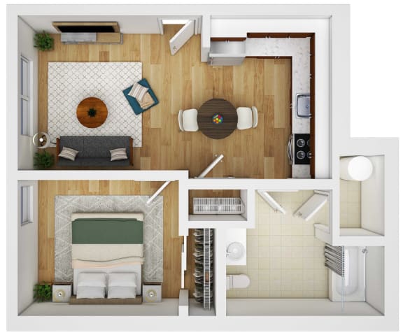 a 3d rendering of a bedroom with a living room